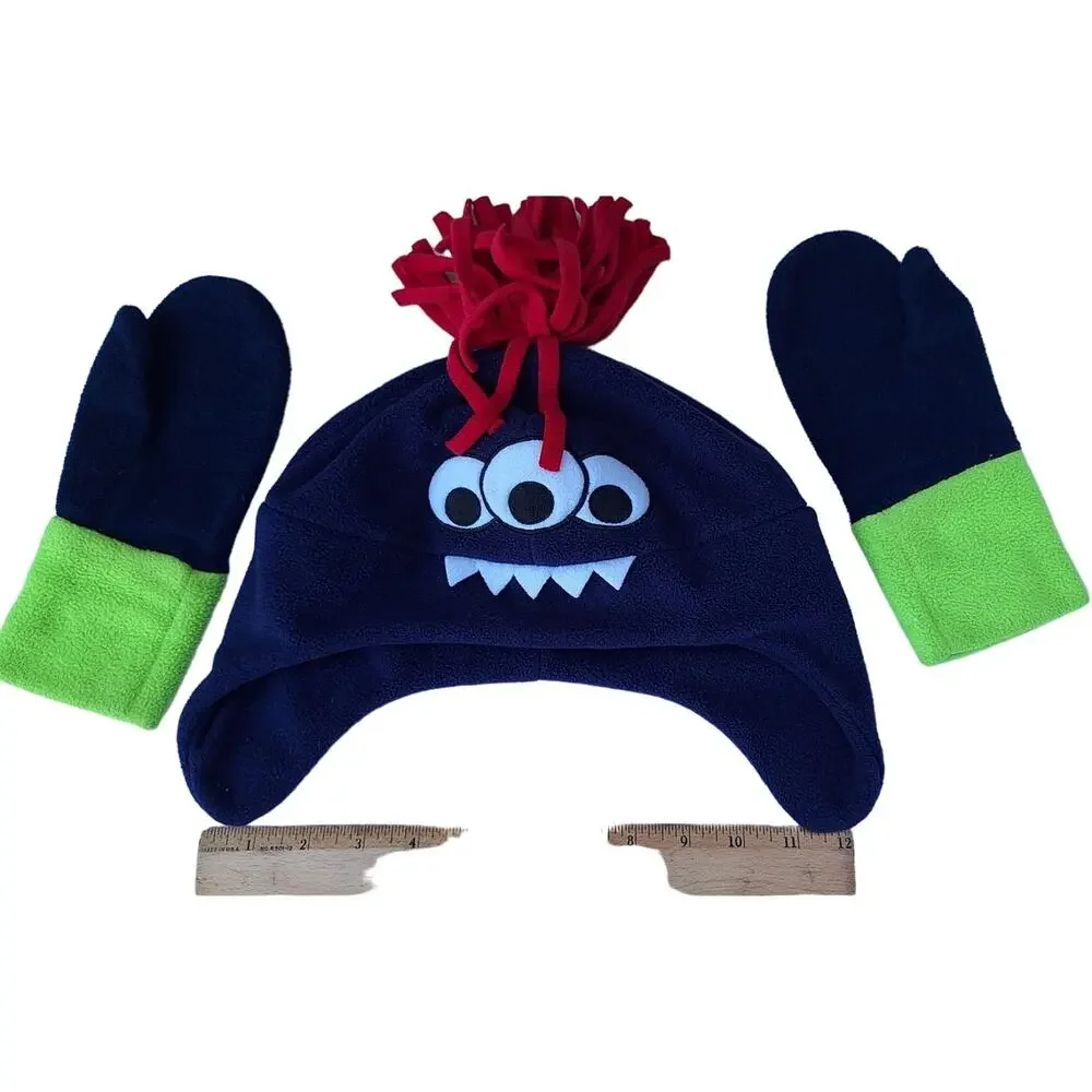 Hanna Andersson Kids  Fleece Hats + Mittens Big Kid L Blue Green Monster